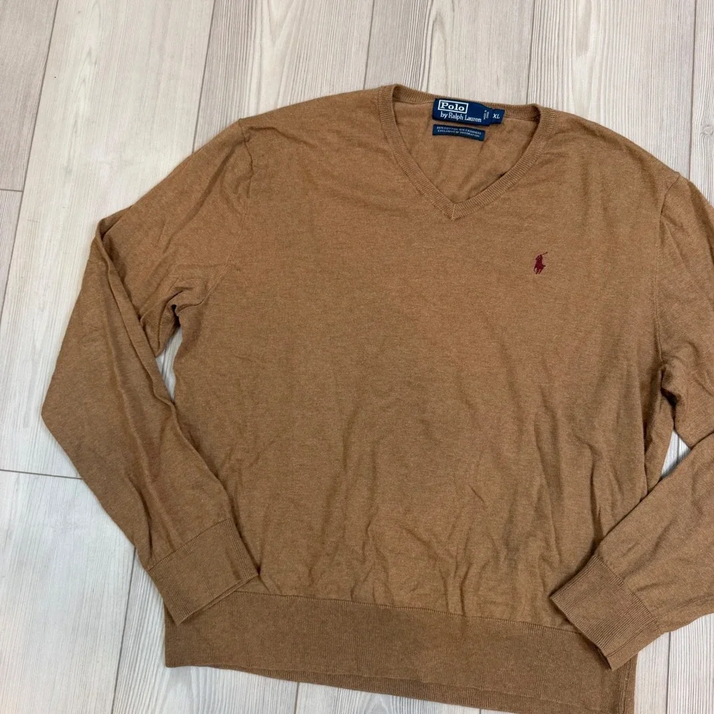 Polo Ralph Lauren Mens XL Brown V-Neck Cotton Cashmere Knit Pony Logo Sweater